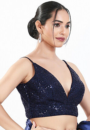 Embroidered Net Blouse in Navy Blue