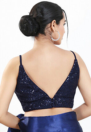 Embroidered Net Blouse in Navy Blue