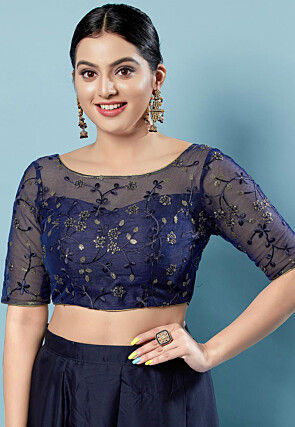 Blue - Net - Readymade Saree Blouse Designs Online: Buy Fancy Blouses at  Utsav Fashion