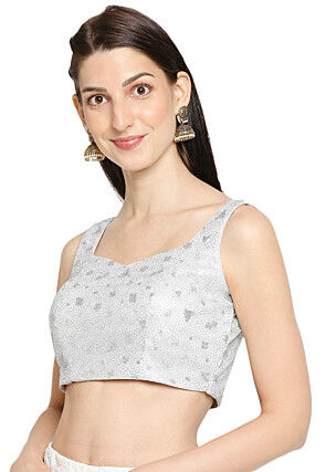 Embroidered Net Blouse in Silver