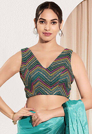 Embroidered Net Blouse in Teal Blue