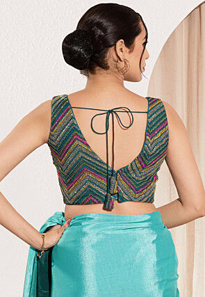 Embroidered Net Blouse in Teal Blue