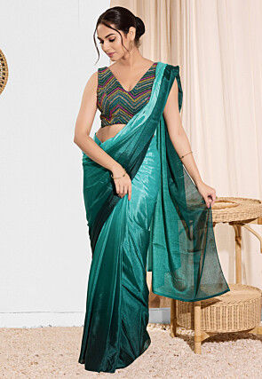 Embroidered Net Blouse in Teal Blue