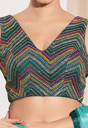 Embroidered Net Blouse in Teal Blue