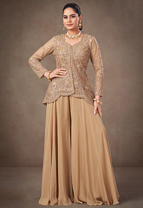 Embroidered Net Co Ord Set in Beige
