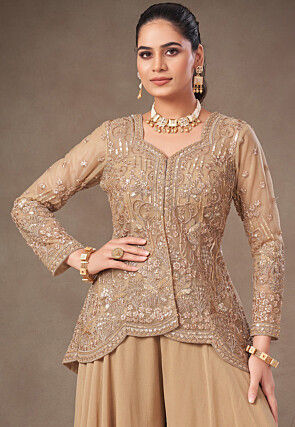 Embroidered Net Co Ord Set in Beige