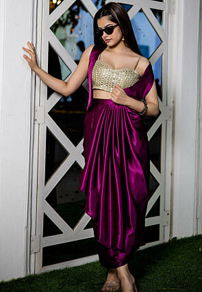 Embroidered Net Crop Top N Drape Skirt in Purple and Beige