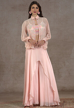 Embroidered Net Crop Top Set in Peach