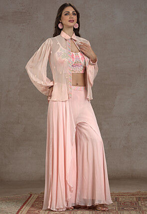 Embroidered Net Crop Top Set in Peach