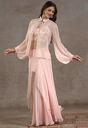 Embroidered Net Crop Top Set in Peach