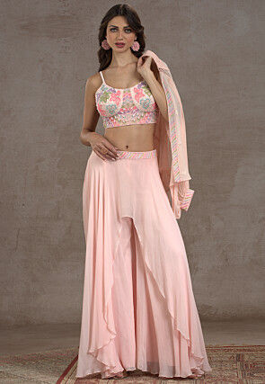 Embroidered Net Crop Top Set in Peach