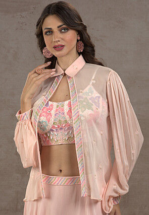 Embroidered Net Crop Top Set in Peach