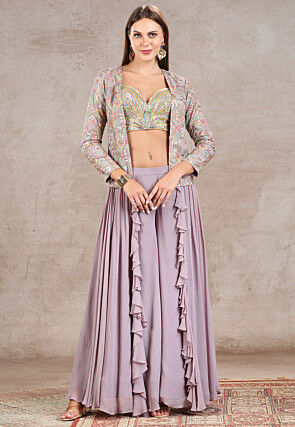 Embroidered Net Crop Top Set in Purple
