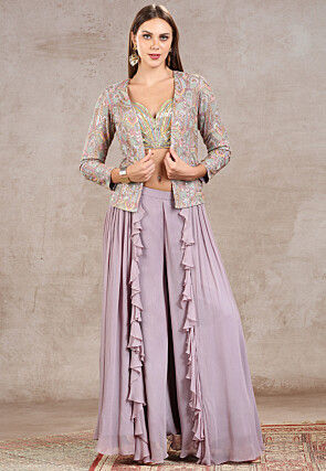 Embroidered Net Crop Top Set in Purple