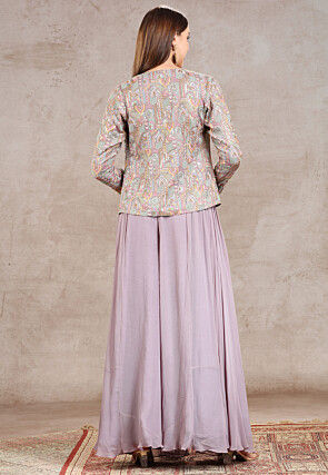 Embroidered Net Crop Top Set in Purple