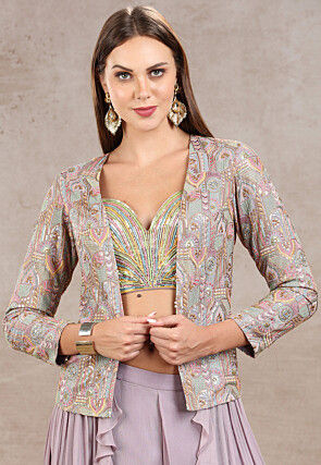 Embroidered Net Crop Top Set in Purple