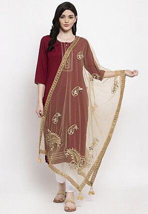 Embroidered Net Dupatta in Beige
