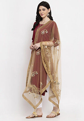 Embroidered Net Dupatta in Beige