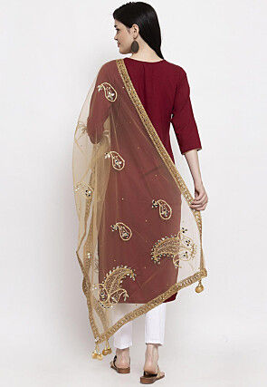Embroidered Net Dupatta in Beige