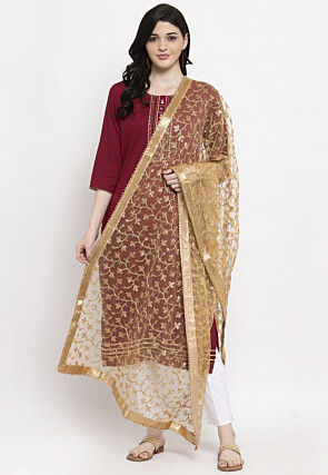 Embroidered Net Dupatta in Beige