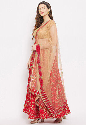 Embroidered Net Dupatta in Beige
