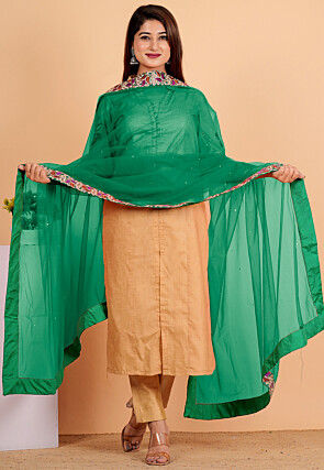 Embroidered Net Dupatta in Dark Green