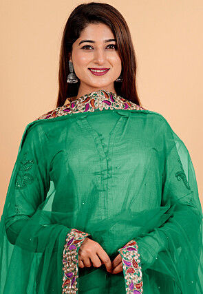 Embroidered Net Dupatta in Dark Green