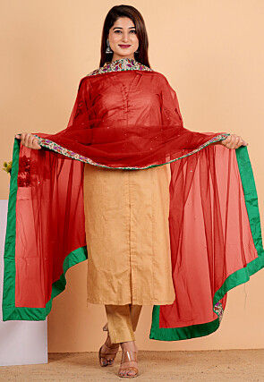 Embroidered Net Dupatta in Maroon