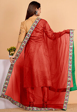Embroidered Net Dupatta in Maroon