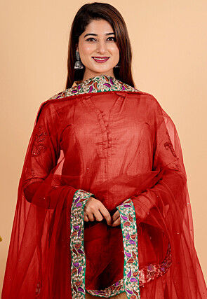 Embroidered Net Dupatta in Maroon