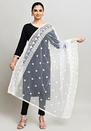 Embroidered Net Dupatta in Off White