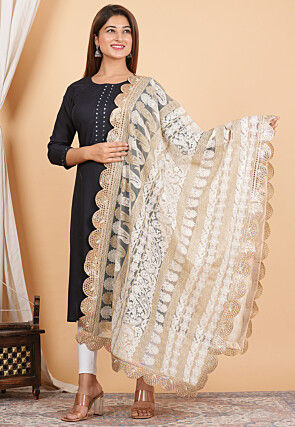 Embroidered Net Dupatta in Off White : BNJ2025