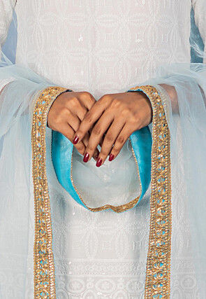 Embroidered Net Dupatta in Pastel Blue