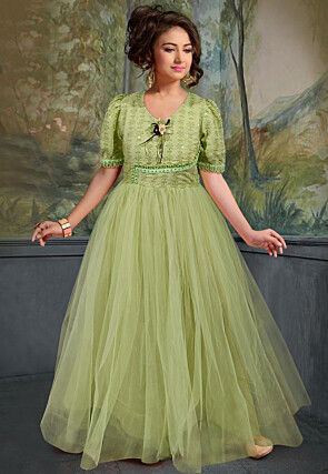 Embroidered Net Flared Gown in Green