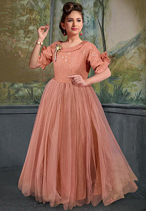 Embroidered Net Flared Gown in Peach
