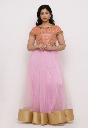 Embroidered Net Flared Gown in Pink and Peach