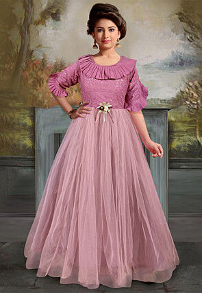 Embroidered Net Flared Gown in Pink