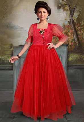 Embroidered Net Flared Gown in Red