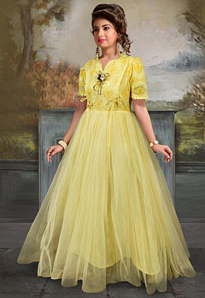 Embroidered Net Flared Gown in Yellow