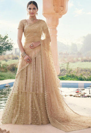 Embroidered Net Frilled Lehenga in Peach