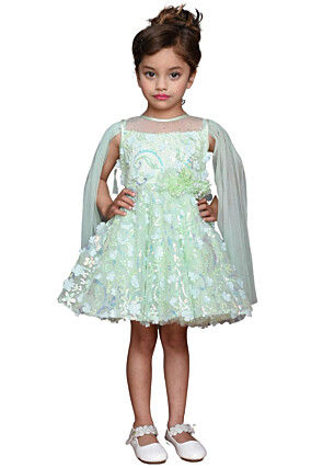 Embroidered Net Frock in Pastel Green