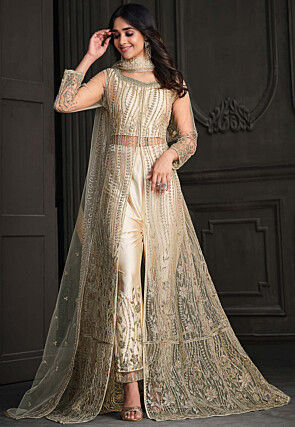 Embroidered Net Front Slit Abaya Style Suit in Beige