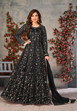 Embroidered Net Front Slit Abaya Style Suit in Black