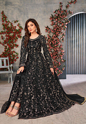 Embroidered Net Front Slit Abaya Style Suit in Black