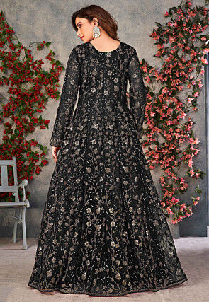 Embroidered Net Front Slit Abaya Style Suit in Black