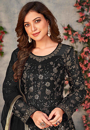 Embroidered Net Front Slit Abaya Style Suit in Black