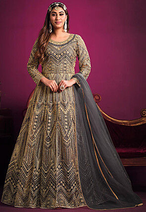 Embroidered Net Front Slit Abaya Style Suit in Dark Grey