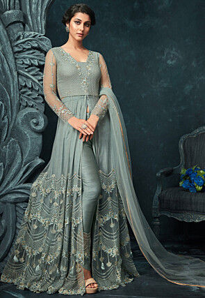 Embroidered Net Front Slit Abaya Style Suit in Dusty Blue
