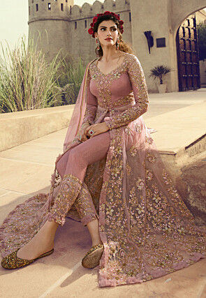 Embroidered Net Front Slit Abaya Style Suit in Dusty Pink