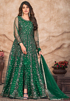 Embroidered Net Front Slit Abaya Style Suit in Green